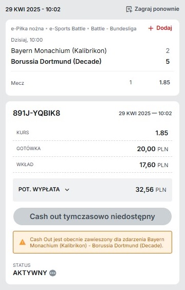 cashout niedostepny