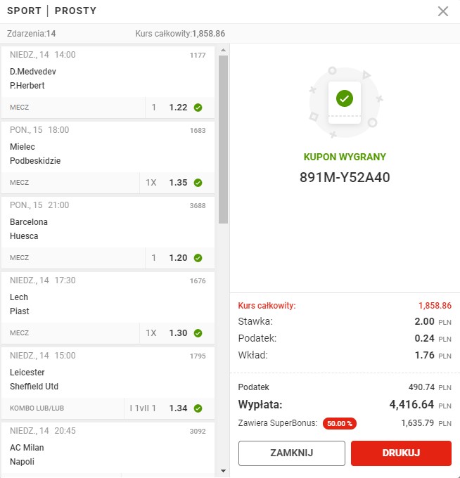 SuperBonus wygrany kupon